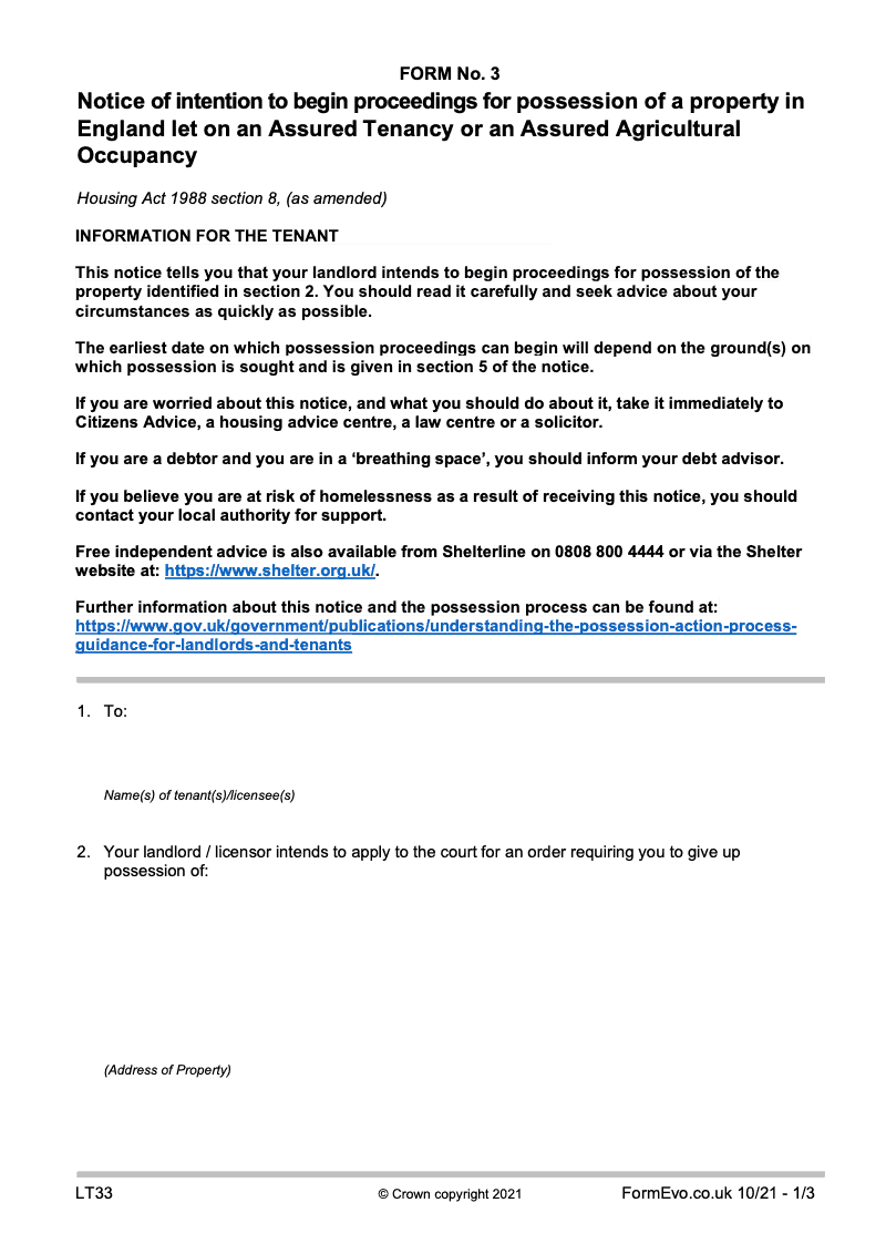 LT33 Notice seeking possession of a property let on an assured tenancy or an assured agricultural occupancy Housing Act 1988 Section 8 as amended Form 3 England [LTA3 HA32] preview